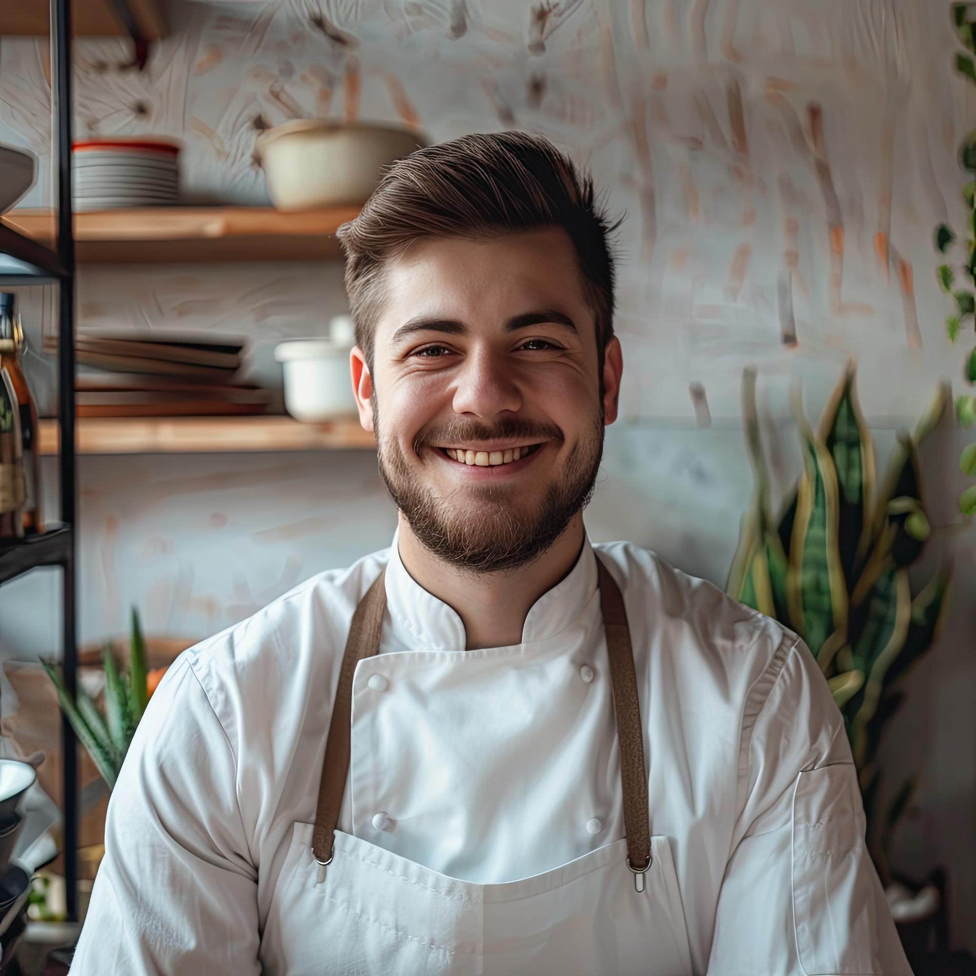 Chef che accoglie online con sorriso in cucina